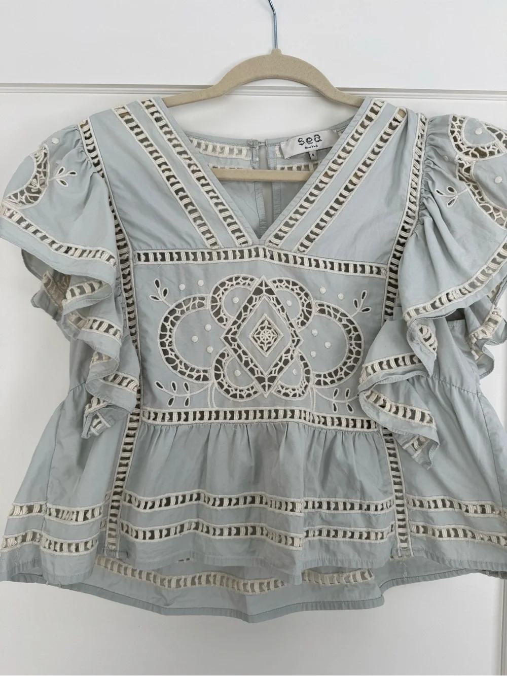 Sea New York Blaire Eyelet Embroidered Flutter Sleeve Top in Pale Blue - Picture 4 of 8